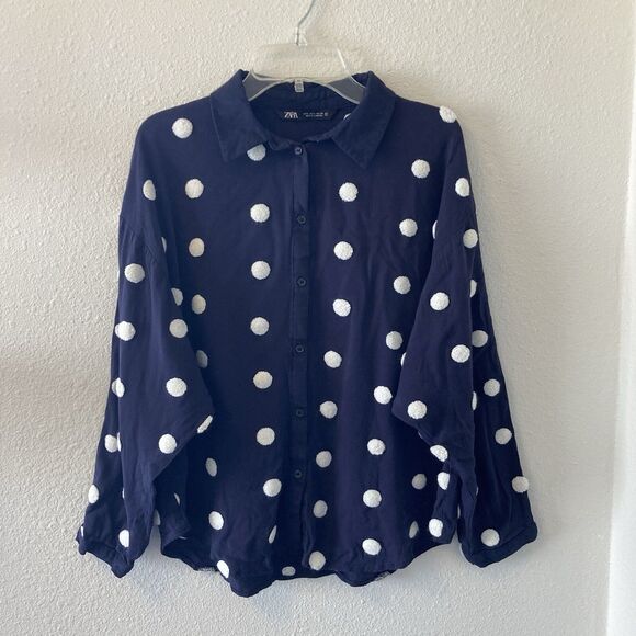 Zara Womens Button Down Blouse Top Size Sm Navy Blue Puff Polka Dot Long Sleeve - Picture 1 of 16